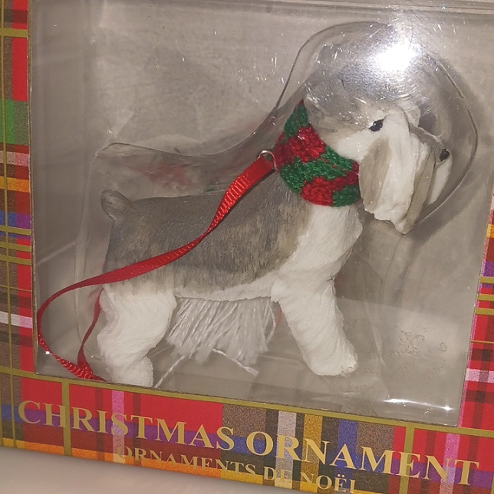 Schaunzer Christmas ornament. Sandicast resin dog w/scarf. 3" x 3" NEW IN BOX